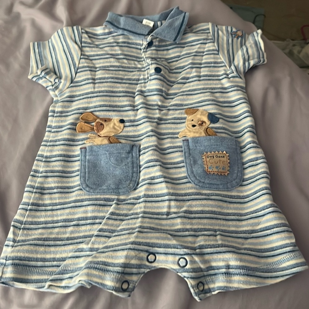 Blue and white stripe one piece outfit with dogs. Size 9-12 months